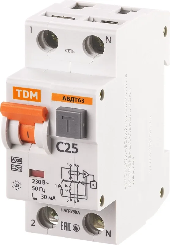 Автоматический выключатель Дифференциального тока (УЗО) 230V C25 30mA 2P TDM