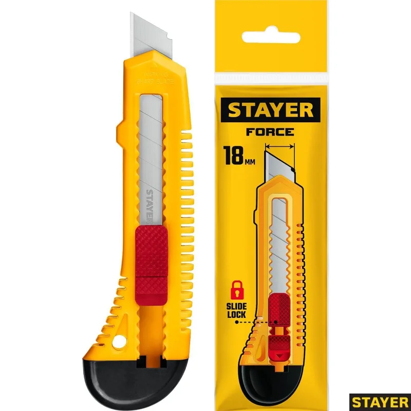 Нож упрочненный из АБС пластика со сдвижным фиксатором FORCE 18mm STAYER