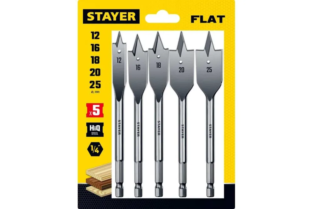 STAYER FLAT 5 шт, 12-16-18-20-25мм, набор сверл перовых по дереву
