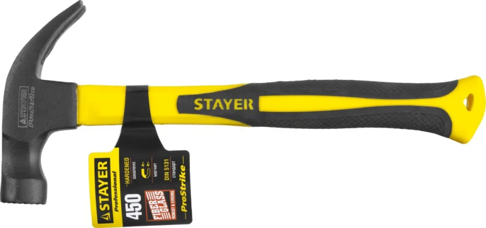 Молоток гвоздодер столярный с фиберглассовой рукояткой 450г STAYER Fiberglass-M